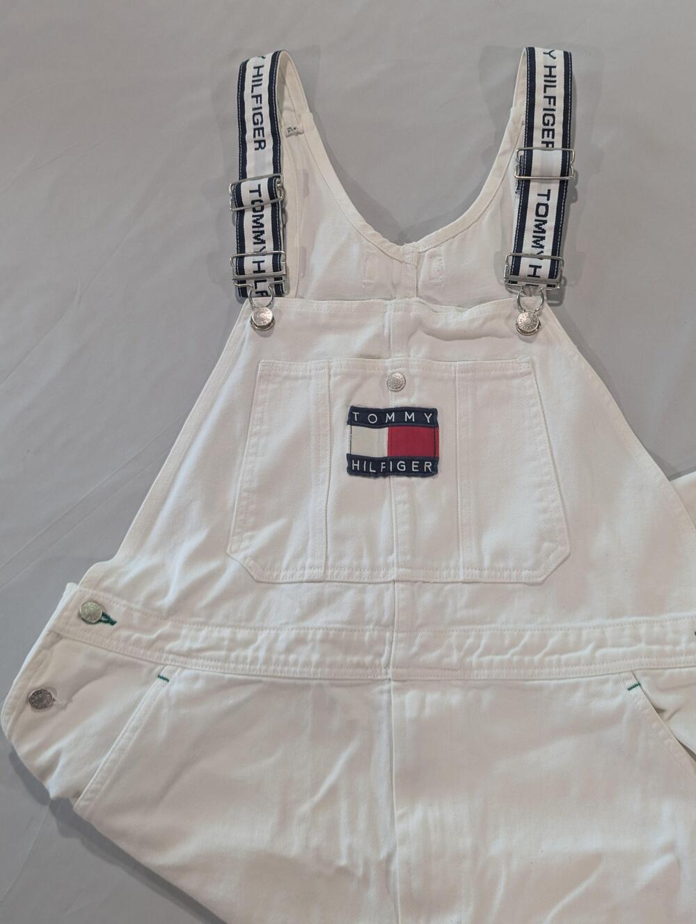 Tommy Hilfiger Overalls Mens L White Denim Bib Carpenter Logo Workwear Pockets